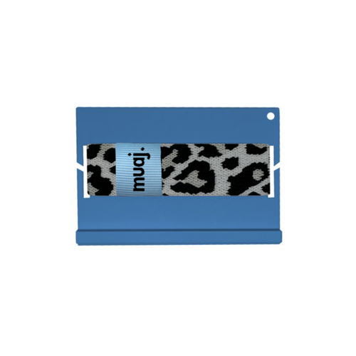 Blue cardholder with leopard print strap featuring the brand 'muaj.' on a white background